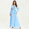 New arrival wholesale islamic clothing ics silk arabic abaya designs light blue embroidery abaya muslim long sleeve long dress