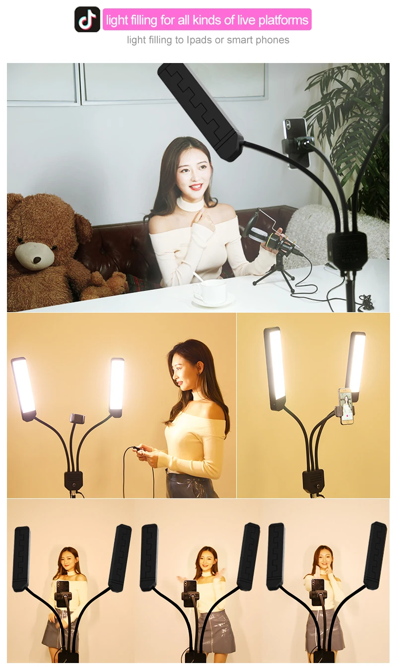 RK39 Dual arm Photography studio Makeup LED Beauty Fill ring light for webcast live streaming