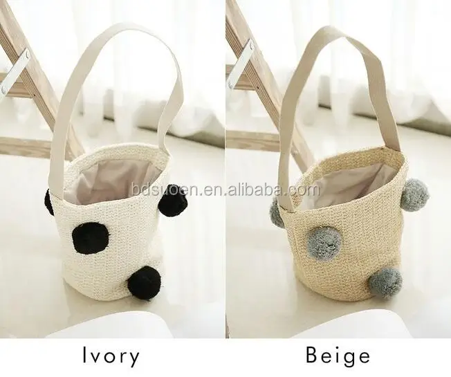 

Ladies Stylish Round Bucket Straw Bag Beige with Gray Pompom