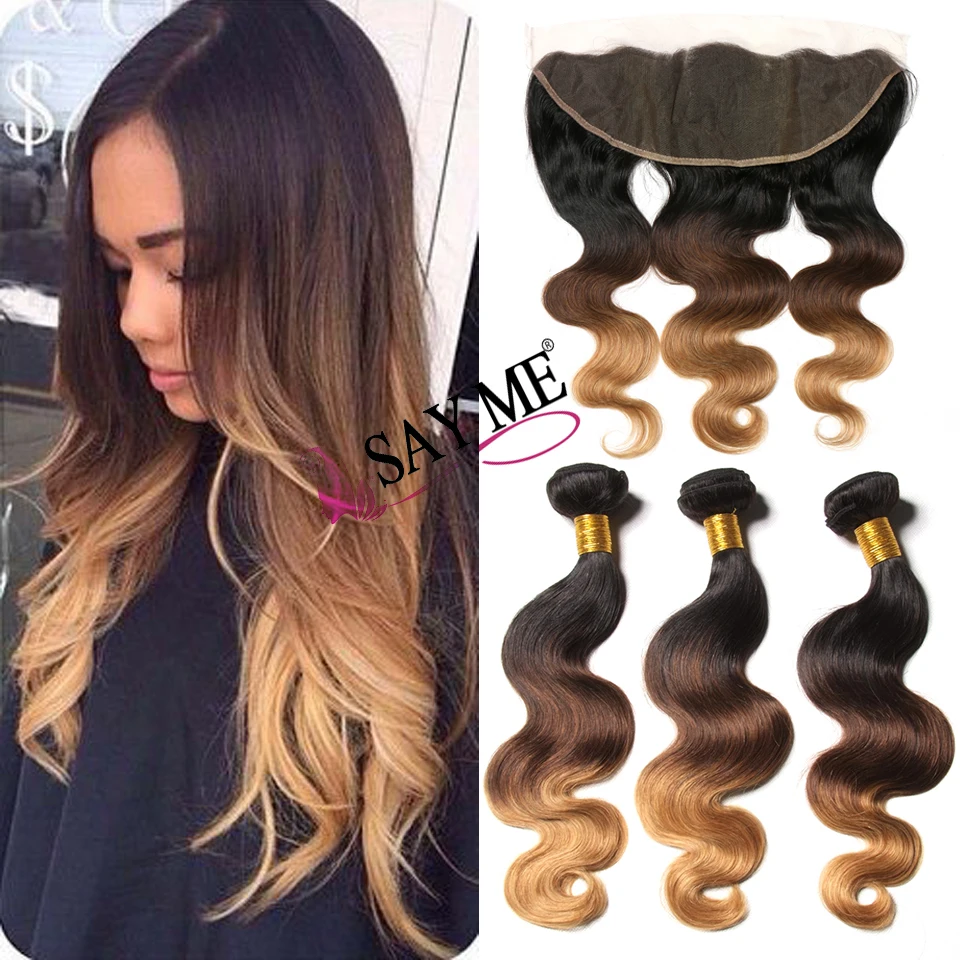

Say Me Virgin Hair Vendors Ombre 1b 4 27 Indian Body Wave Human Hair 3 Bundles With 13X4 Pre Plucked Lace Frontal Closure