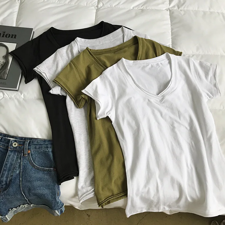 

Cheap high quality custom cotton V-neck slim fit short-sleeved women fashion blank t shirts