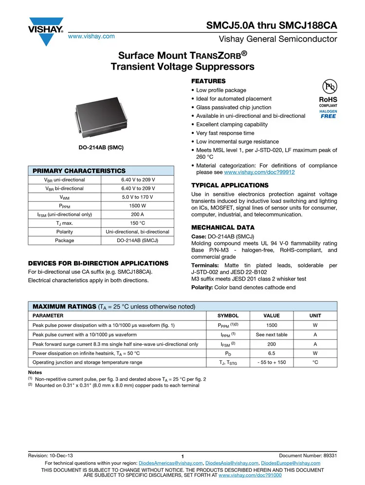 Pack of 5 2 33.3 V RoHS Compliant: Yes SMCJ Series 30 V Transient Voltage Suppressor SMCJ30CA TVS SMCJ30CA DO-214AB Bidirectional 
