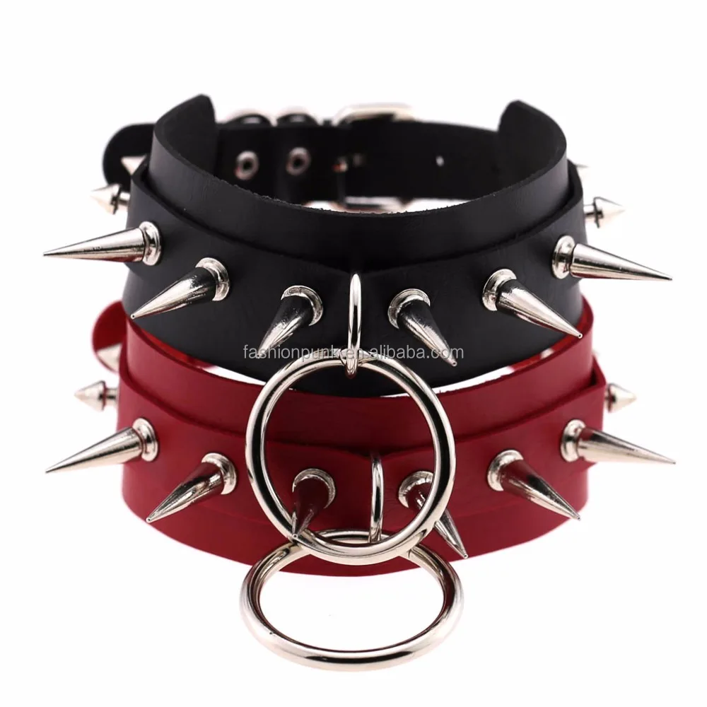 

Women Men Cool Oversized O Round Choker Rivet Sharp Nail Leather Bondage Collar, 15 colors to choosing