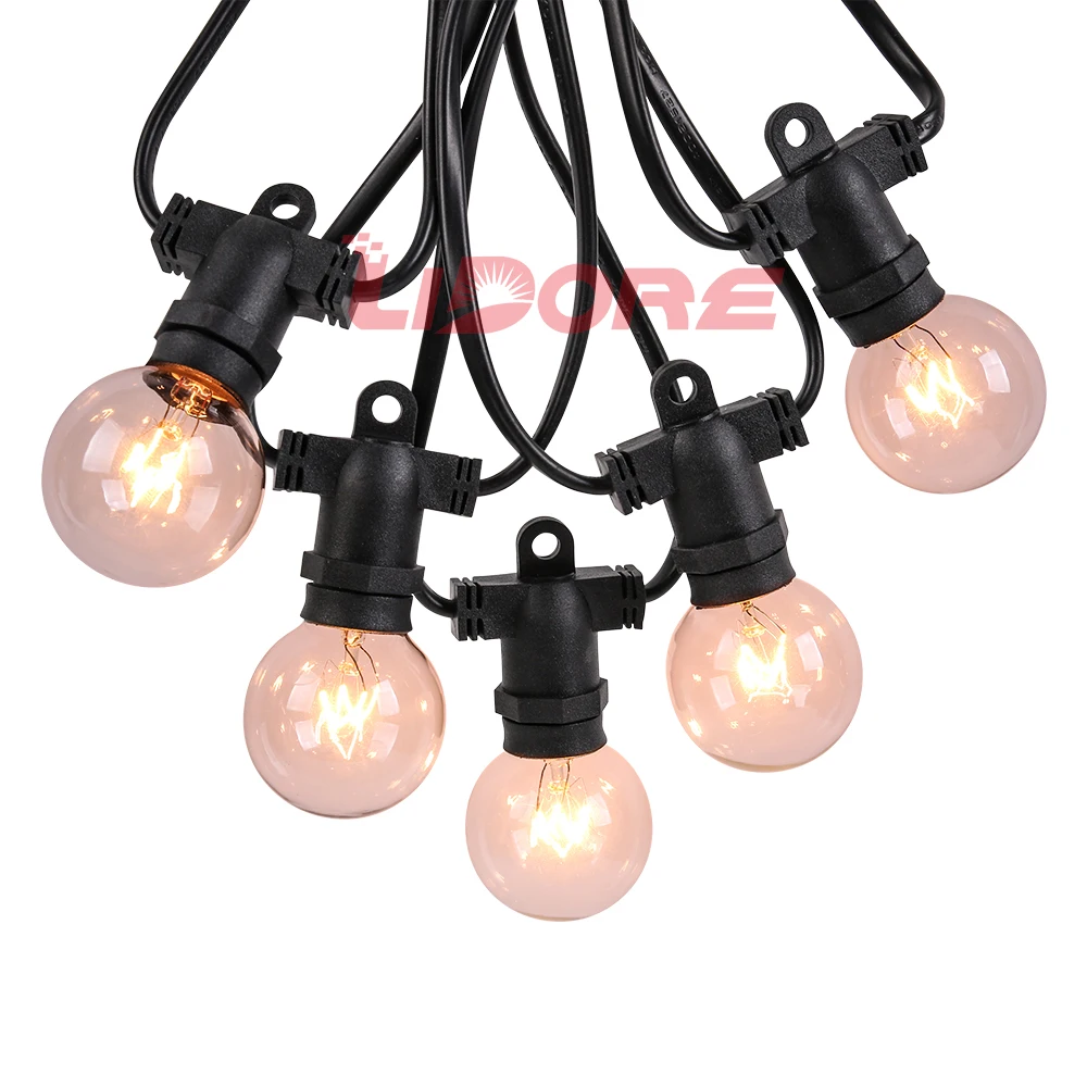 NEW 220V 25ft E14 G40 Incandescent Globe Bulbs Black Patio String Lights