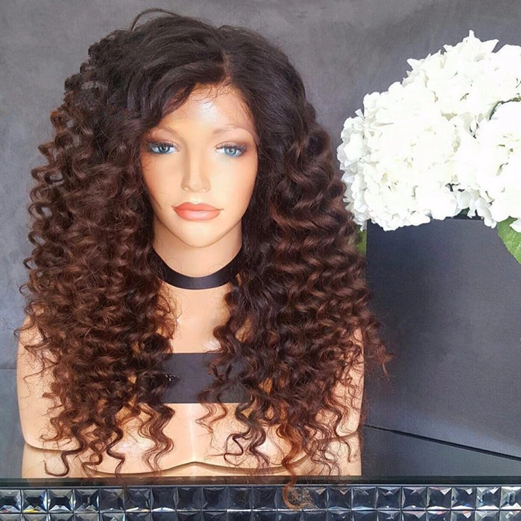 

Side Part kinky Curly Ombre Black to Brown Top Quality Human Hair Lace Front Wig