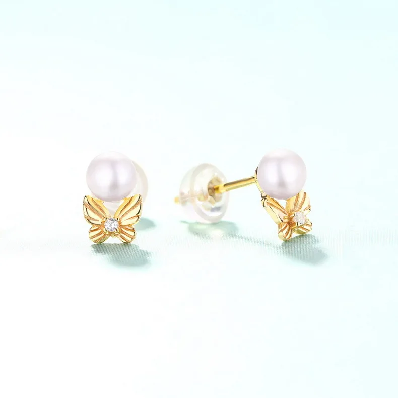 Stylish Silver Butterfly Freshwater Pearl Gold Stud Earrings