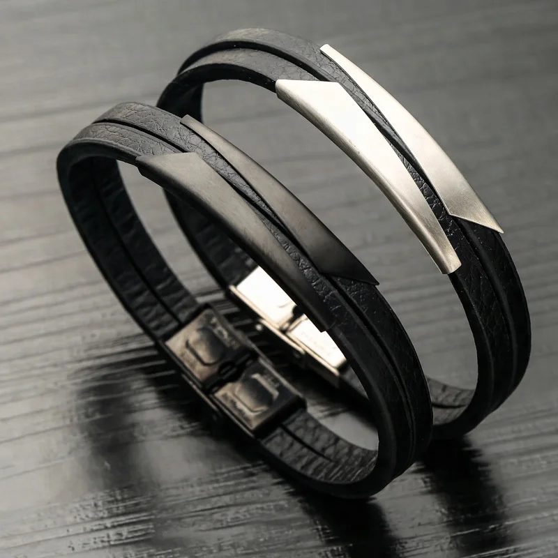 

Christmas Gift Engraved Blank Cuff Black Silver Genuine Braided Wrap Rope Mens Leather Bracelet, Black and brown leather