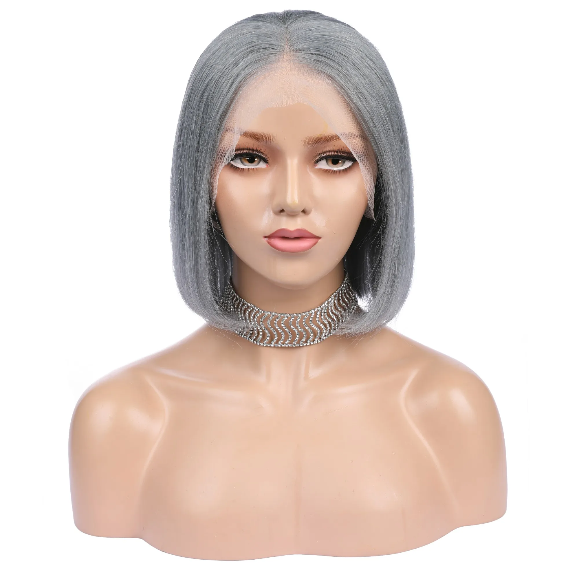 

100% human hair grey bob half lace front wig