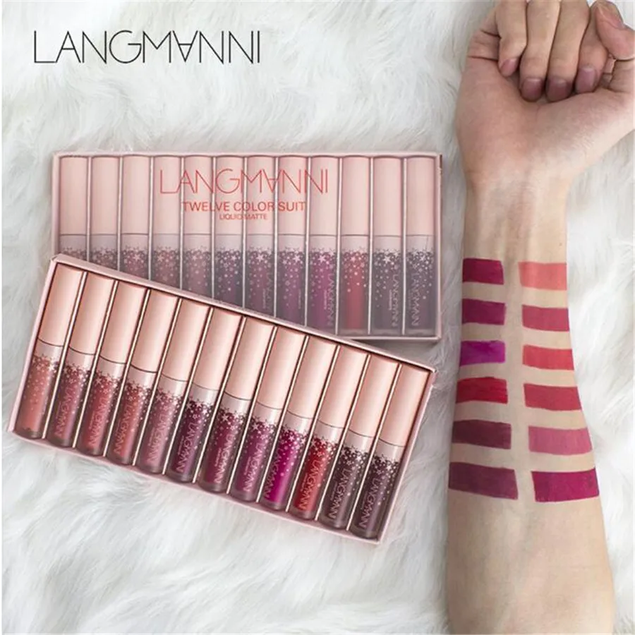 LANGMANNI 12Pcs/set Liquid Matte Lipstick Makeup Tint Long Lasting Waterproof Sexy Red Velvet Lip Gloss Nude Lip Kit