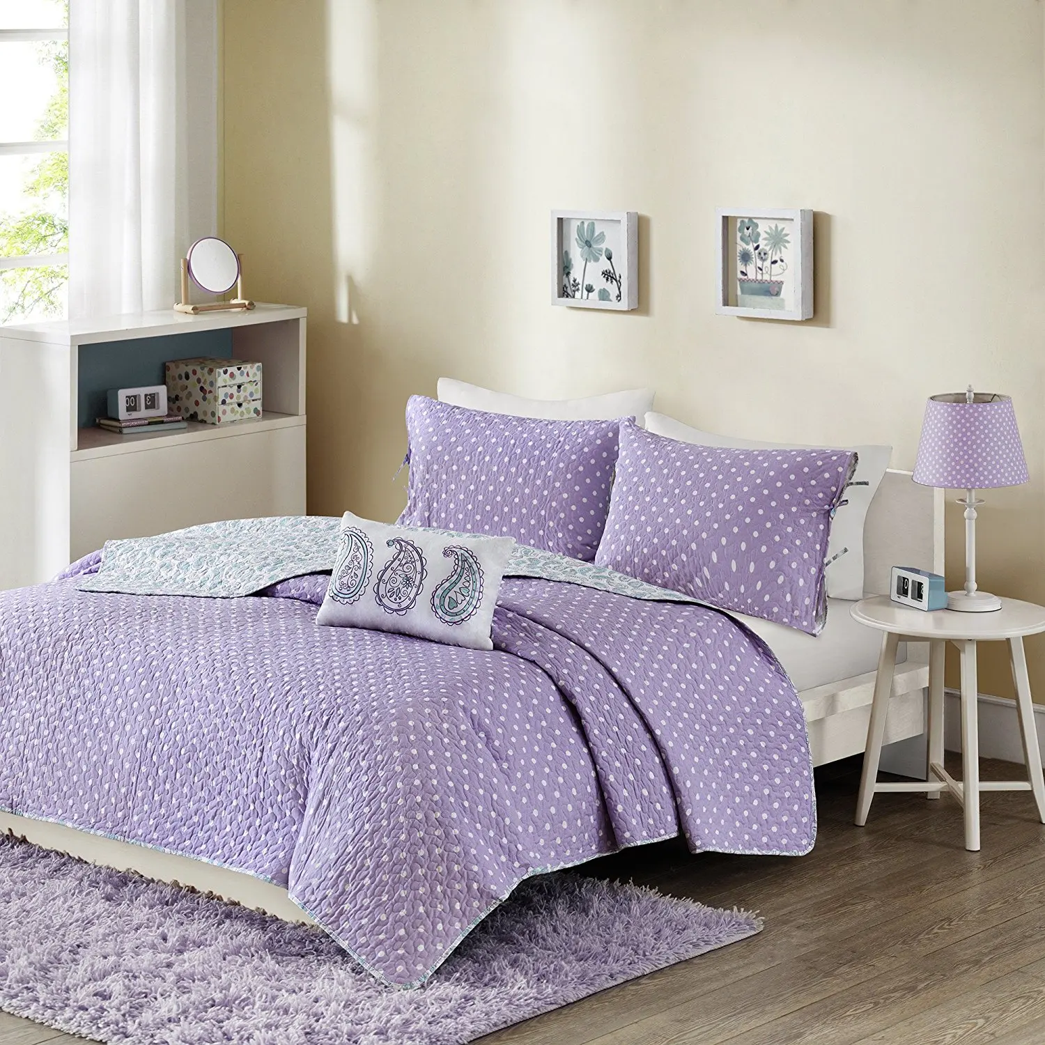 3 Piece Paisley Floral Reversible Polka Dot Themed Coverlet Twin Set, Girls Soft Blue Purple White Textured Flower Swirl Scroll Bedding, Girly Multi Polkadot Dots Dot Themed Pattern, Cotton