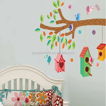 Kartun Removable Stiker Dinding Sangkar Burung Burung Pohon Hijau
