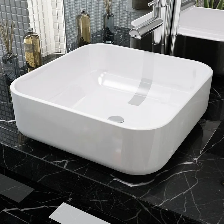 Elegant White Square Shape Table Top Poly Resin Bathroom Wash Basin