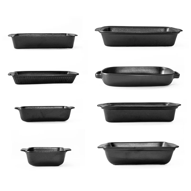 

Matte Oven Heat Resistant Black Ceramic Pie Plate Rectangle Baking Tray with Handle
