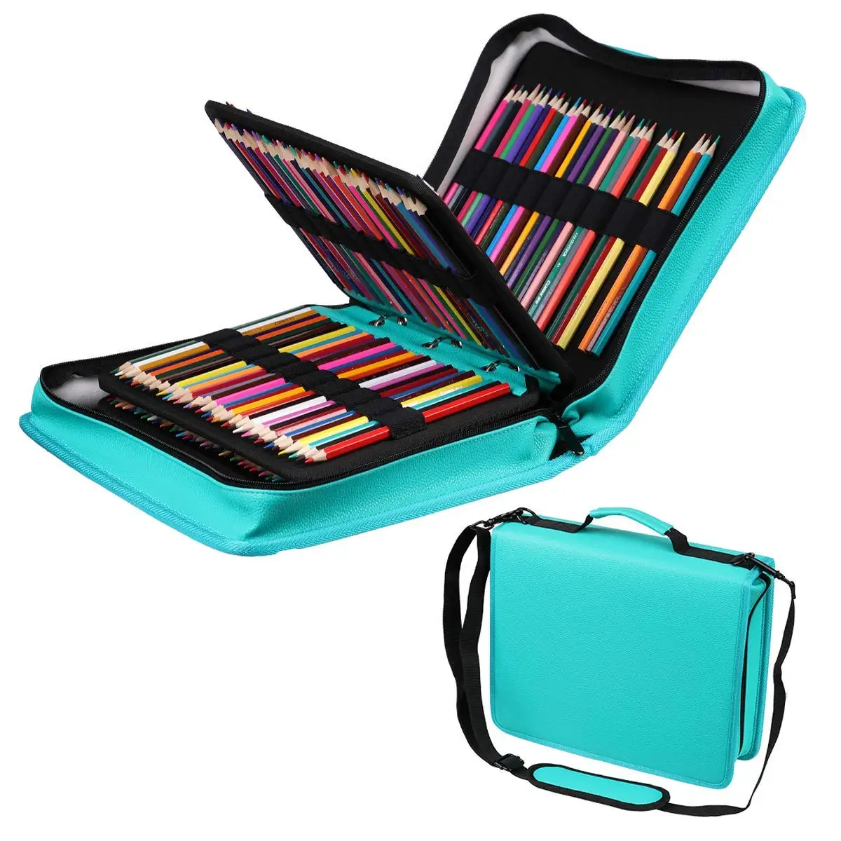 210 Slots Colored Pencils Pencil Case PU Leather Pencil Holder Sleeve Pen Bag with Adjustable Removable Strap Snap Hook for Watercolor Pencils, Colored Pencils, Gel Pens, Cosmetic Brush,Eraser (Green