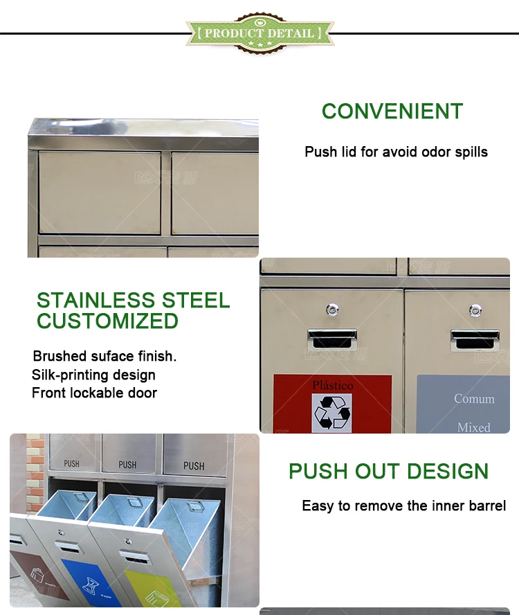 3 Compartment Indoor Stainless Steel Large Square Dustbin Classified