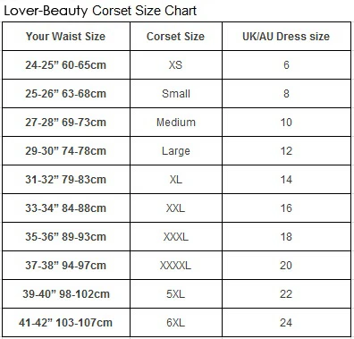 Waist Training Corset Size Chart