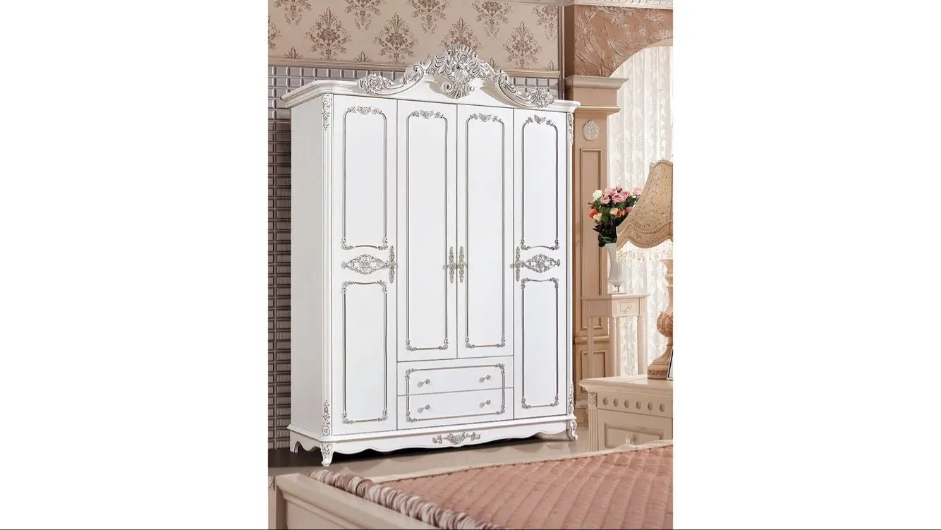 French Design Wooden Bedroom White Antique Wardrobe Closets 4 Door