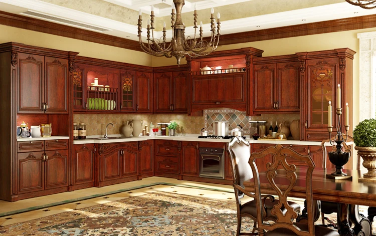 European classic style solid walnut wood color kitchen cabinets