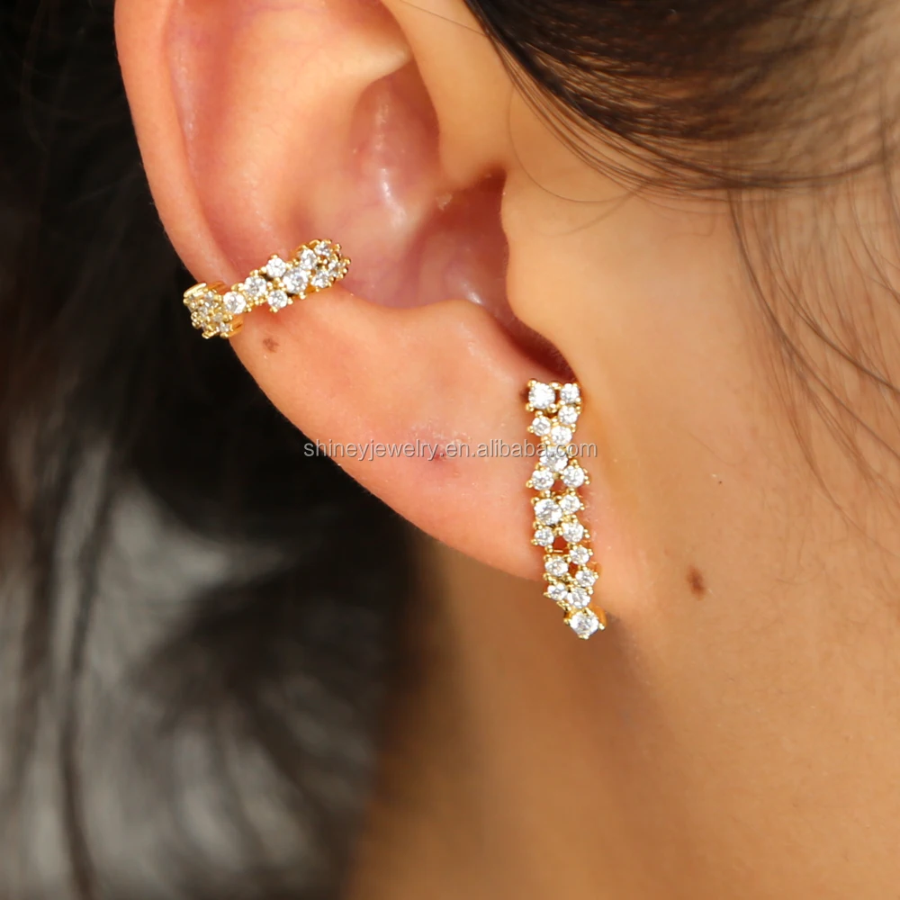 

2021 ear cuff earring studs cz cluster sparking bling fashion jewelry gold earring designs with cz, Picture