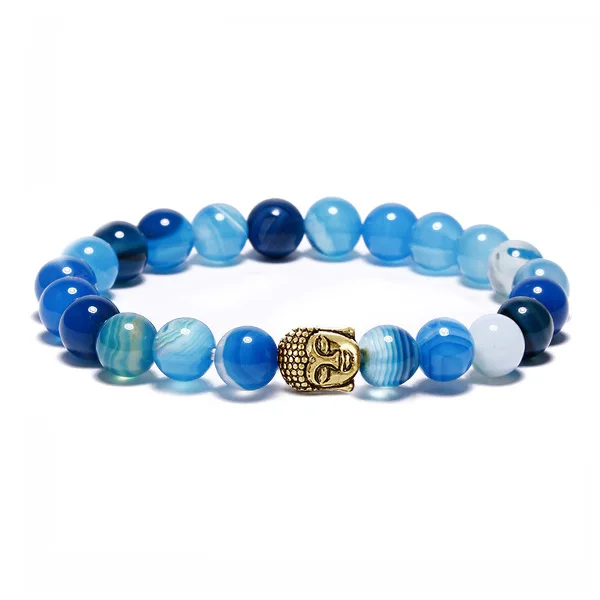 

2021 Newest Blue Stripe Agate Bead Silver Buddha Head Mens Yoga Bracelet
