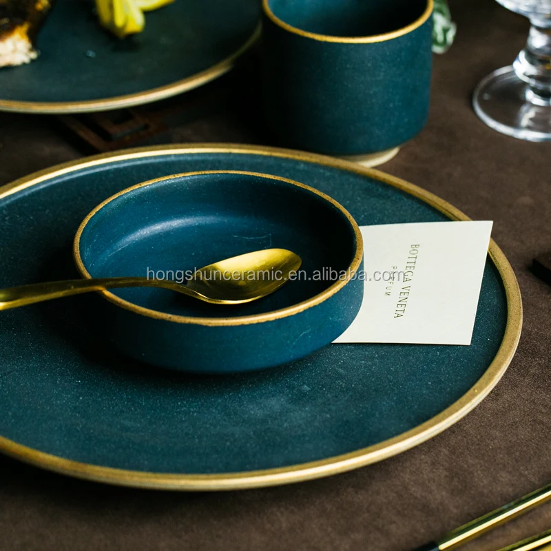 Ceramic gold rim steak plate rice soup bowl green restaurant dinnerware set