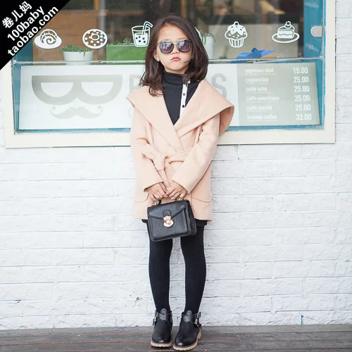 

Autumn Winter Kids Girls solid beige black Coat children pure belt jacket