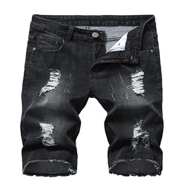 

Men's Casual Summer Distressed Button up Stretch Ripped Jeans Shorts with Repair Rips Rts