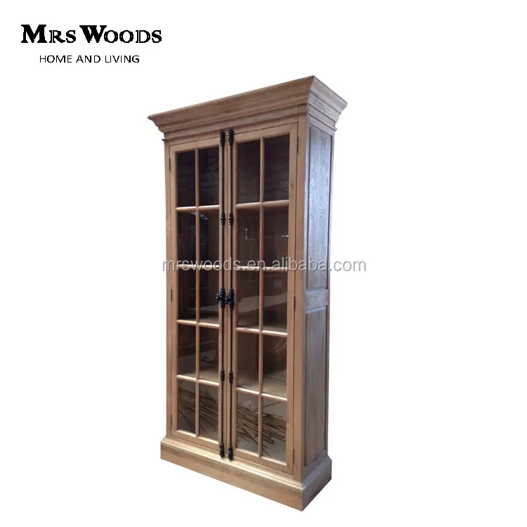 French Style Antique Oak Wooden Bookshelf Glass Display Cabinet
