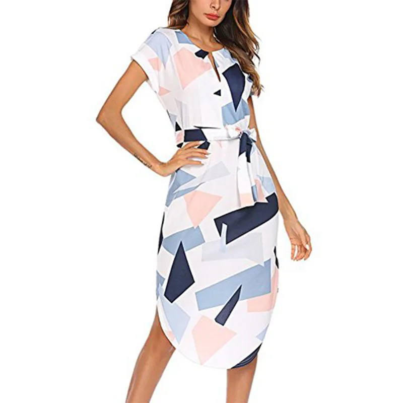 

2019 Hot Sale Factory Geometric Print V Neck Waist Belt Short Sleeve Woman Casual Fashion Midi Dress High Quality, Colorful