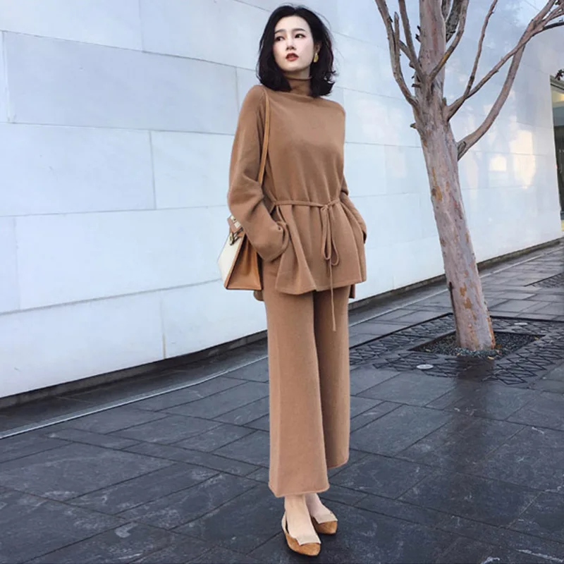 

fashion elegant woman top sweater pants two-piece set lady knitted pullover jumper suit