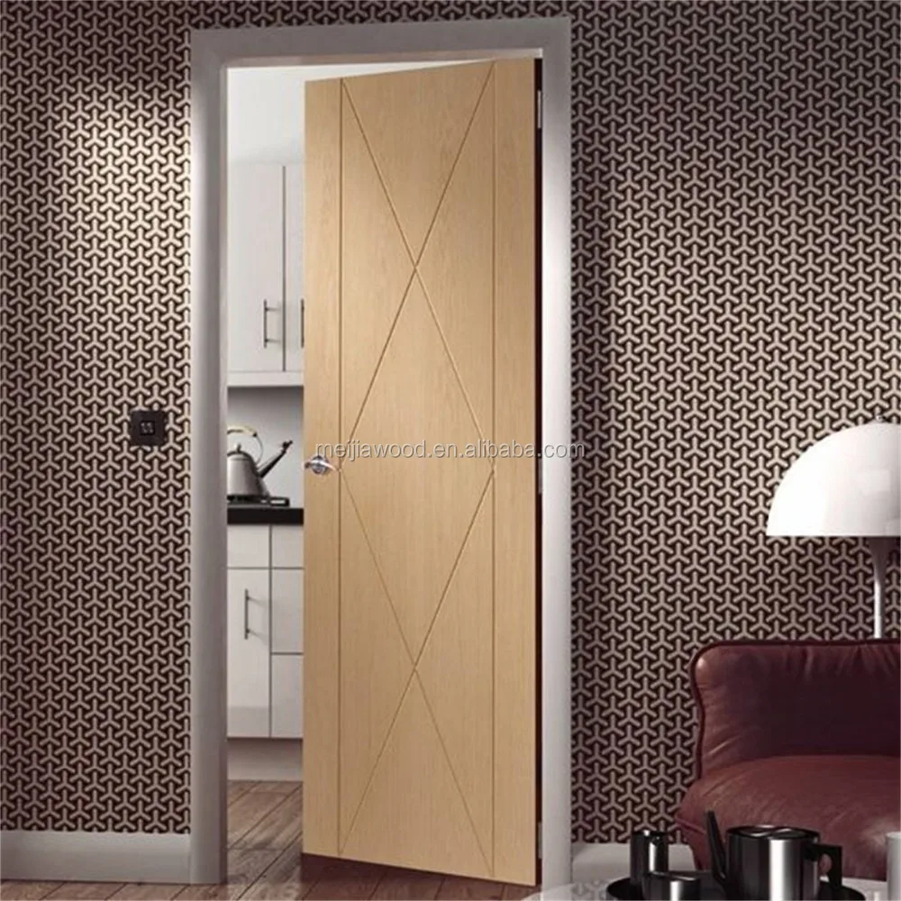 Plank style interior double X wave wooden flush door slab with wood veneer door skin