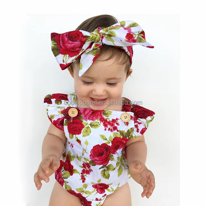 

infant girl summer boho short sleeve baby floral romper with flower headband, As picture shows