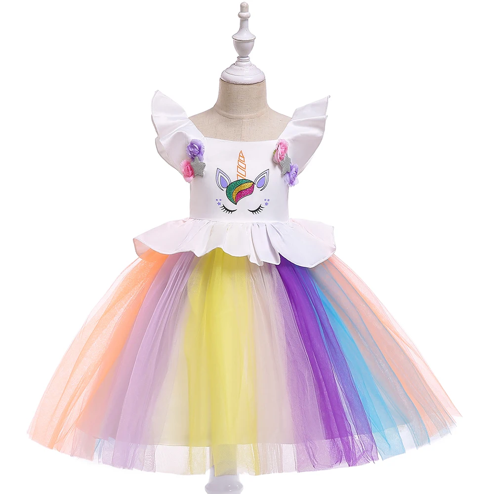 

Cute Organza Girl Unicorn Dress Net Yarn Baby Girl Flower Dress for Wedding L5090, Pink;white;colorful