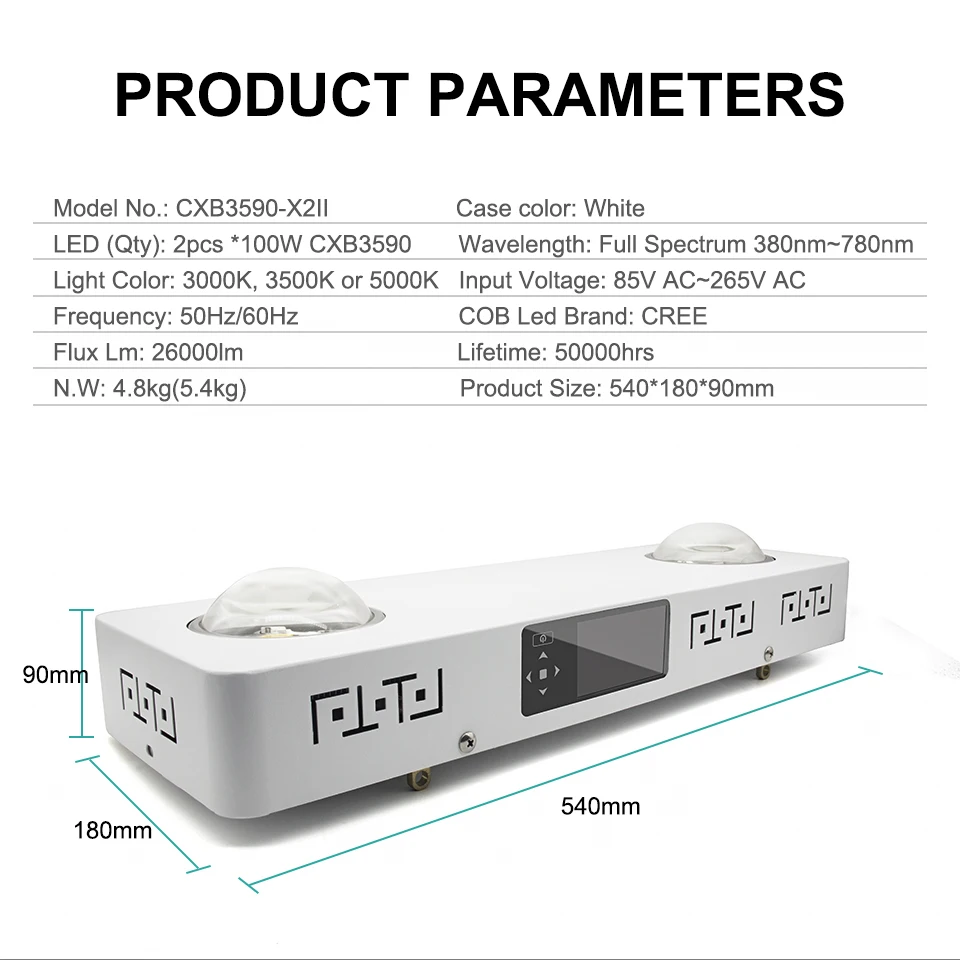 CXB3590 200W Dimmable COB LED Grow Light with LCD Display Timer Temp-Control Full Spectrum for Indoor Plant All Stage Grow