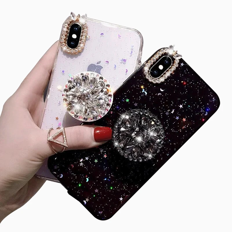 Fashion Shinning Rhinestone Crystal TPU Mobile Phone Back Case Cover with Stand Holder for iphone XR XS Max