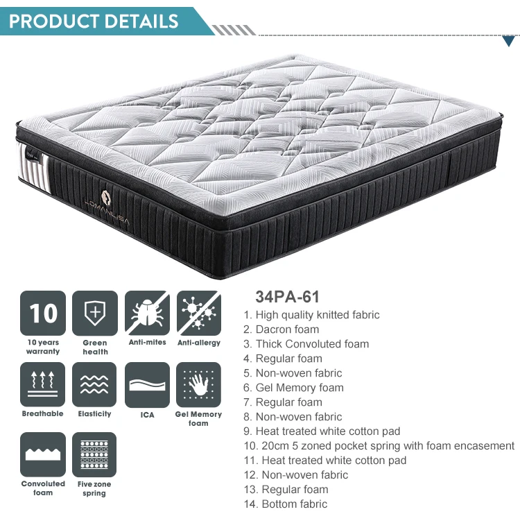 Home bedroom furniture memory foam mattress and gel pocket coil springs mattresses
