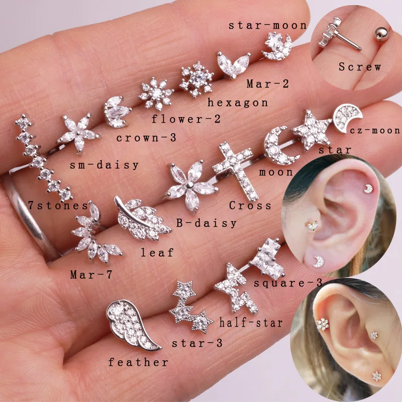 

Silver color tiny feather wing cross crown star cz ear piercing jewelry women tragus helix cartilage studs earring, White