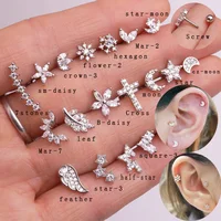 

Silver color tiny feather wing cross crown star cz ear piercing jewelry women tragus helix cartilage studs earring