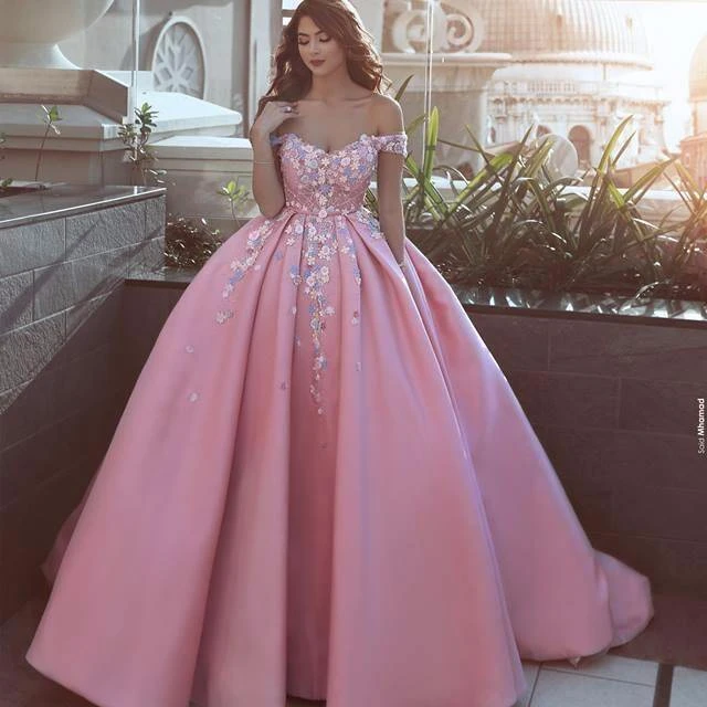 

ZH2976G Pink Said Mhamad Evening Dresses Ball Gown Handmade Flowers Off Shoulder Court Train Formal Prom Party Gowns, Custom made