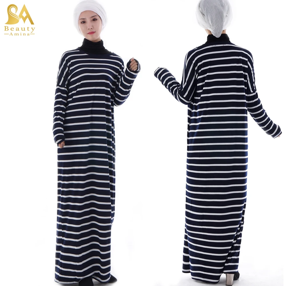 

Fashionable Loose latest abaya designs muslim dresses winter islamic stripped abaya batwing sleeve full length wholesale, Black dubai abaya