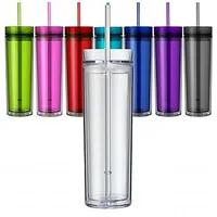 

16oz clear double wall acrylic skinny tumbler with lid and straw Insulated Reusable plastic skinny Tumbler cup