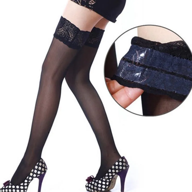 

6 Colors Thigh High Stocking Women Summer Over knee Socks Sexy Girl Female Hosiery Nylon Lace Style Stay Up Stockings P0171, Black;red;skin;purple;white;pink