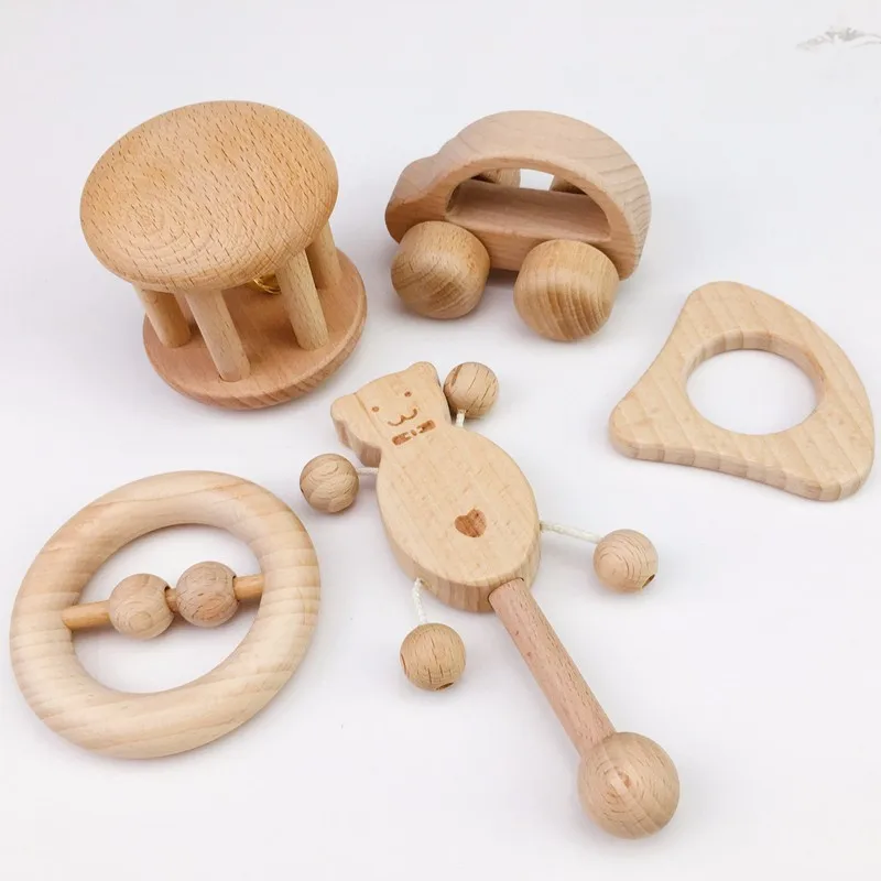 Natural Unfinished Wooden Rattles Baby Fun Toy Intellectual Development ...