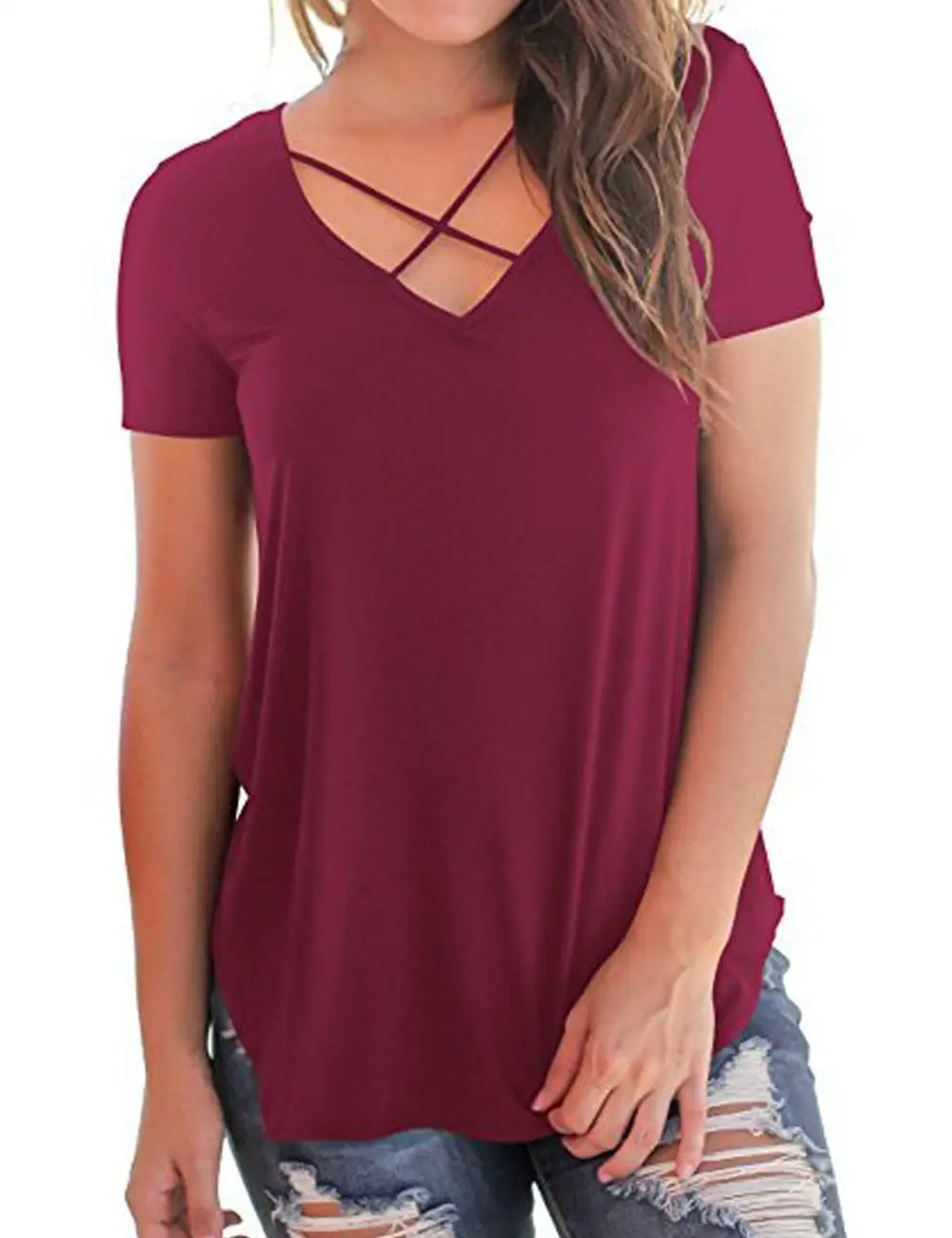 

Lover-Beauty New Design Summer new style 9 color chest cross V collar neck design loose woman blouse, As shown