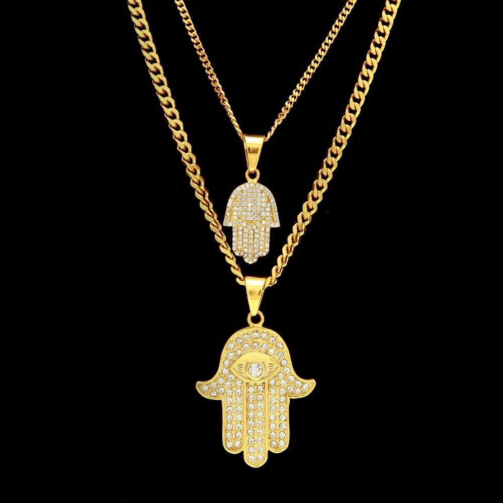 

Iced Out Jewish Star God Hand Amulet Pendants Necklaces Stainless Steel 2 pc Fatima Hamsa Necklaces Hip Hop Jewelry necklace set, Gold
