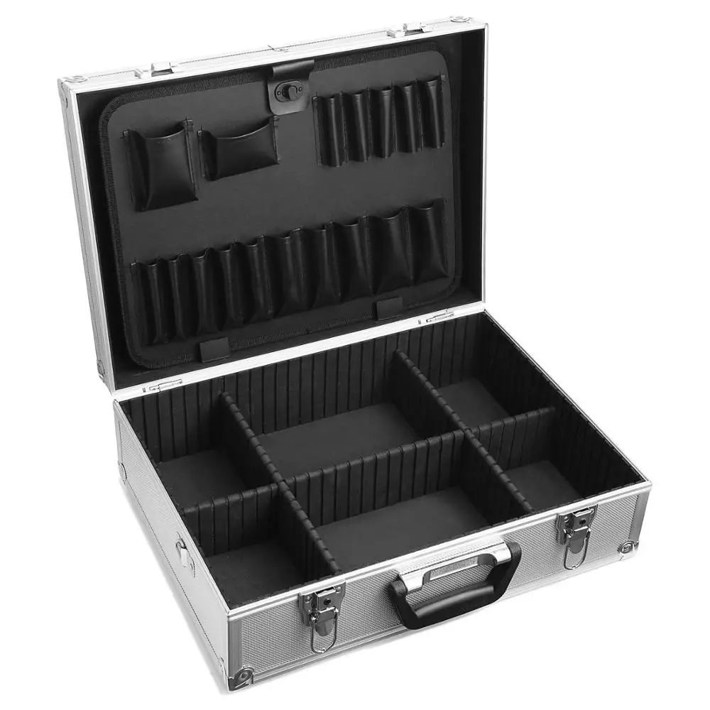 
Professional Aluminum Tool Box Hard Case Rugged Textured Carrying Case Divides Suitcase with Carrying Handle 