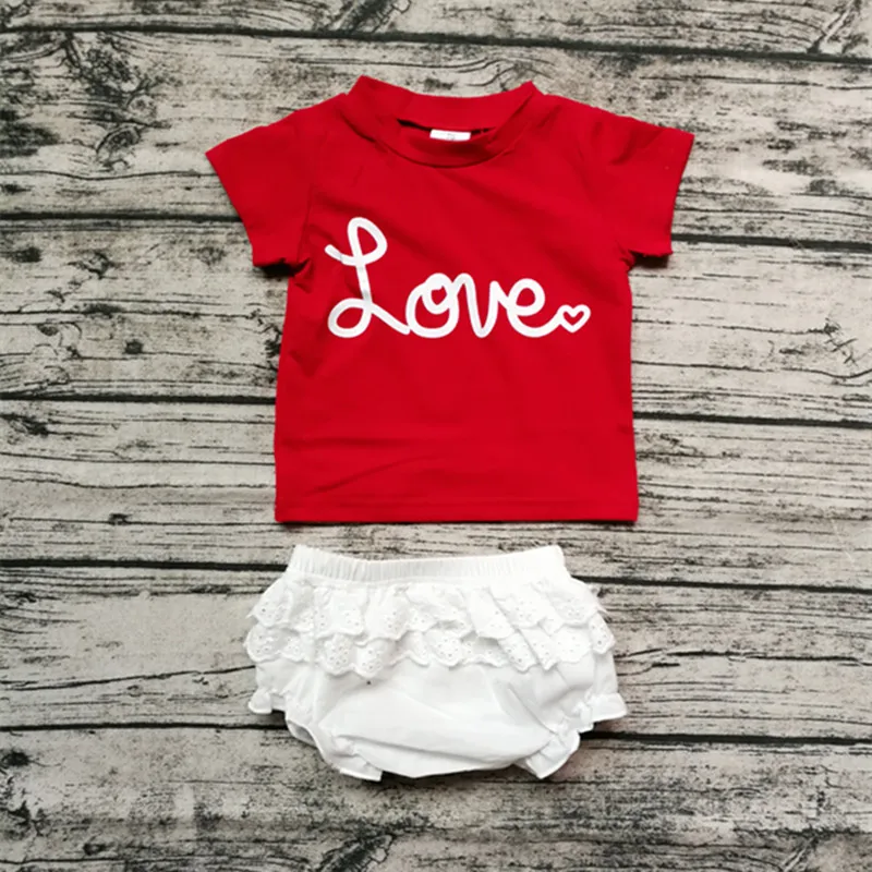 

2019 new summer outfits red love tshirt & white bloomers shorts 2pc set Valentine's Day