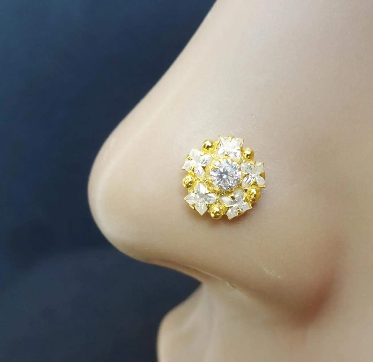 Diamond Gold Piercing,Crock Screw Nose Stud,Indian Nose Piercing,Monroe Piercing,Flower Nose Stud,Gold Nose Ring,White Gold Nose Ring,CZ Simulated Diamond Piercing,Bollywood Nose Ring(TEJ616)