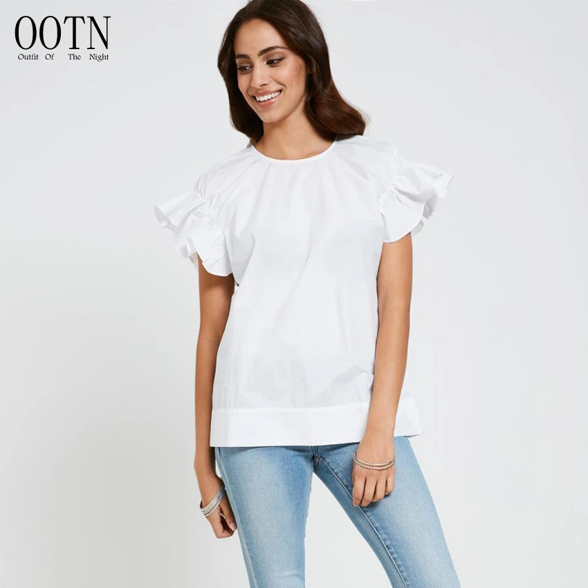 

OOTN Female Summer Top Cotton Party Work Blouse 2019 Summer Shirt Female Butterfly Sleeve Ruffled Shirts White Blouse Women Tops