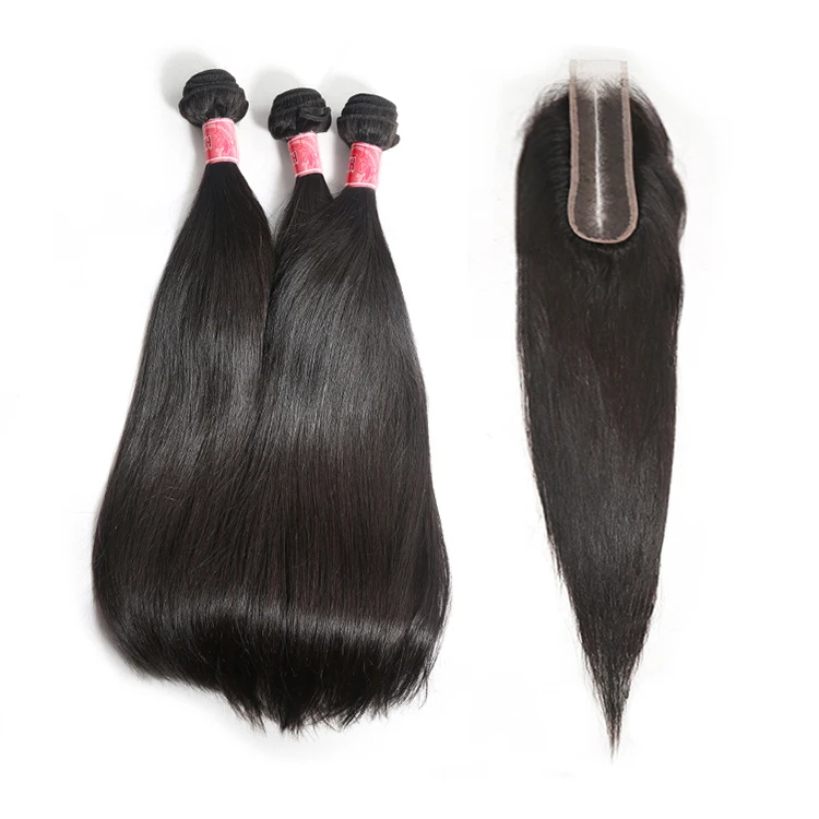 

Free Shipping Brazilian Unprocessed Virgin Hair Straight Double Drawn Human Hair Bundles with Closure 2x6 Inches Lace Closure, Natural color